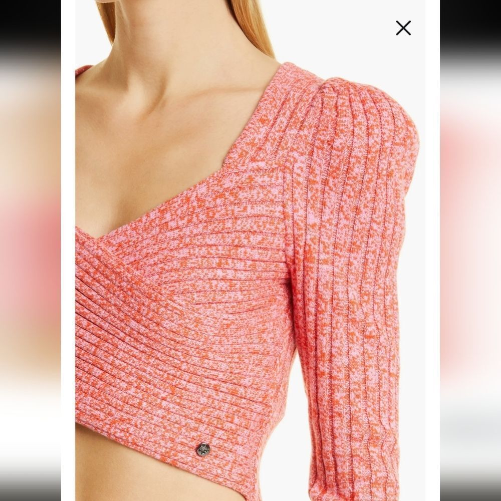 TED BAKER Demie Cross-front Cropped Knitted Top In Marled  Pink S Wool Cashmere - Picture 7 of 15